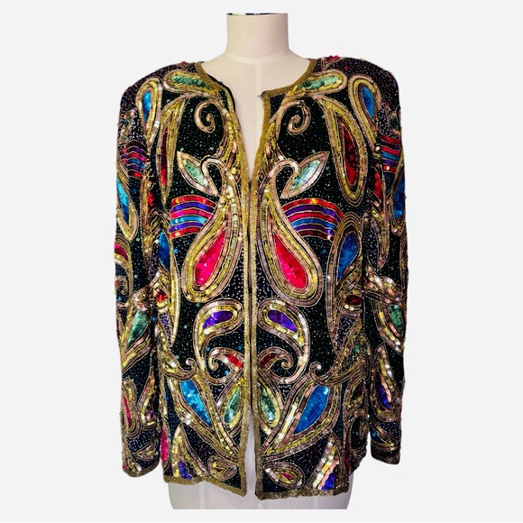Laurence KAZAR Vintage 80s Jewel Colored 100% Silk Sequin and beaded Jacket M